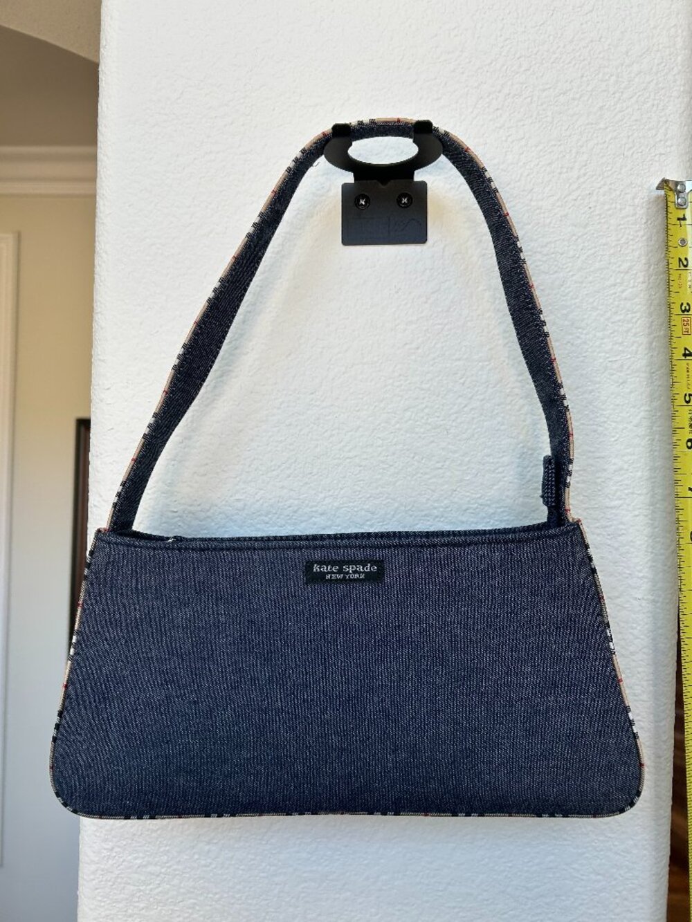 Vintage Kate Spade New York Denim shoulder bag with plaid strap and trim.